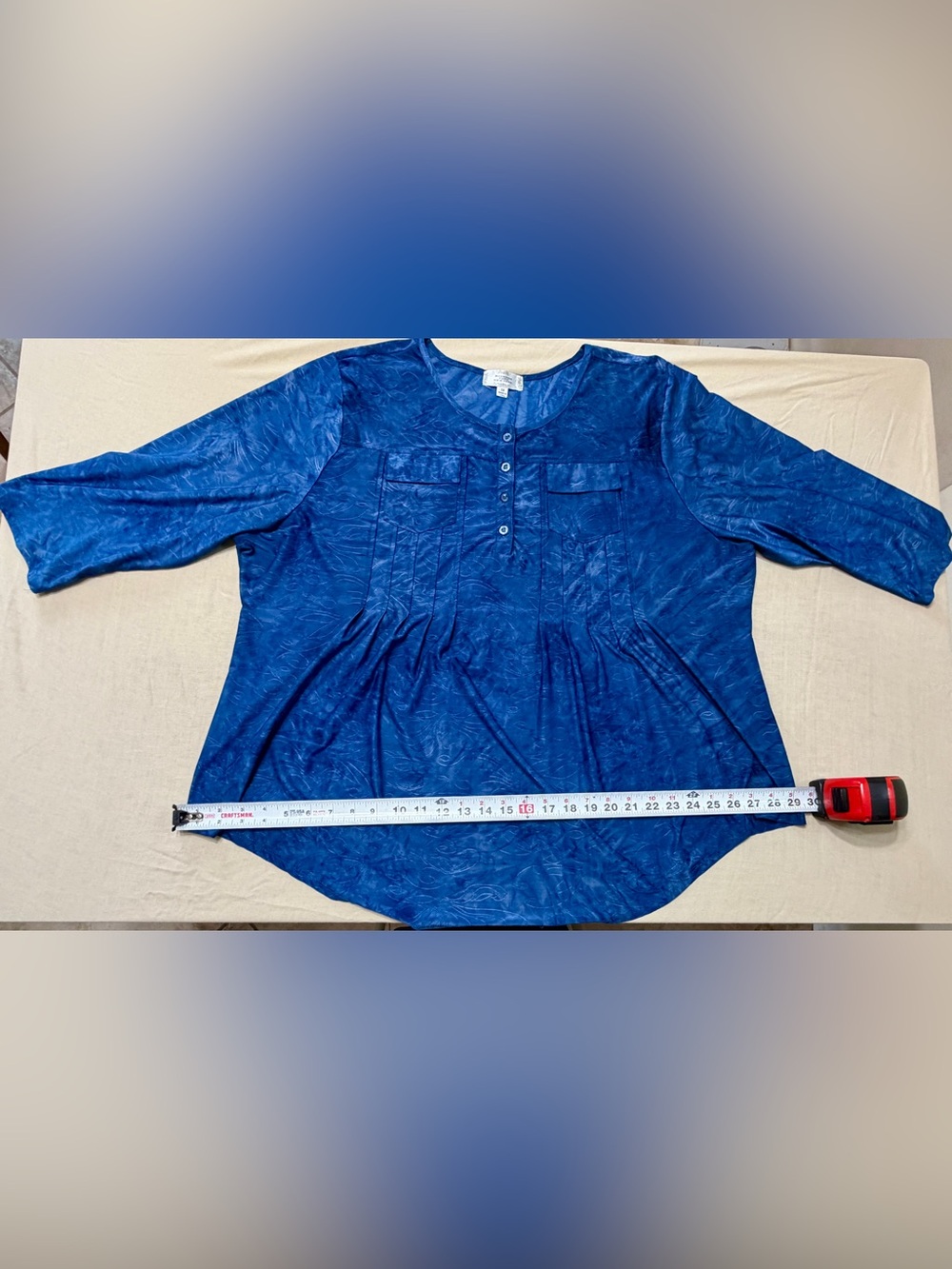 Shannon Ford New York Women’s 3X Blue Tunic Blouse Knit Stretch 3/4 Button